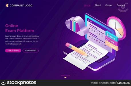 Online exam platform isometric landing page. Laptop with test or quiz questions on screen. Computer app for student examination with questionnaire form, distant education task. 3d vector web banner. Online exam platform isometric landing page, test