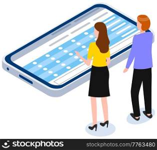 Online exam writing app. Application for studying. People look at smartphone screen with checklist. Colleagues discussing the application on a mobile phone. Form for filling out answers on screen. Online exam writing app. Application for studying. People look at smartphone screen with checklist