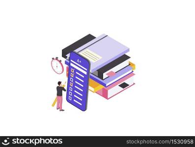 Online examination isometric color vector illustration. Student completing exam infographic. Knowledge check smartphone app. E learning, online courses test. Distance education isolated 3d concept. Online examination isometric color vector illustration