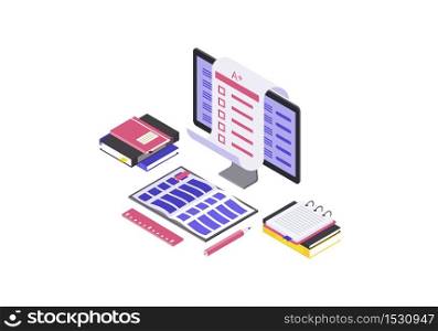 Online examination isometric color vector illustration. Student test, knowledge check infographic. Computer display with exam forms. E courses, remote education isolated 3d concept. Distance education. Online examination isometric color vector illustration