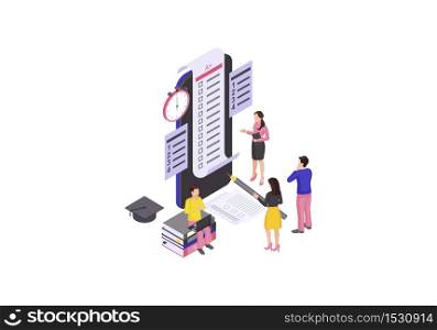 Online examination isometric color vector illustration. Student thinking, solving tasks infographic. Online test, exam completing. E learning smartphone app isolated 3d concept. Distance education. Online examination isometric color vector illustration