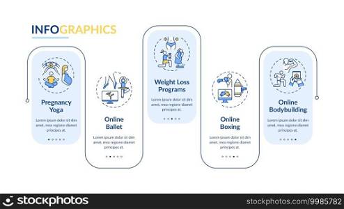 Online exercising programs vector infographic template. Weight loss, boxing presentation design elements. Data visualization with 5 steps. Process timeline chart. Workflow layout with linear icons. Online exercising programs vector infographic template