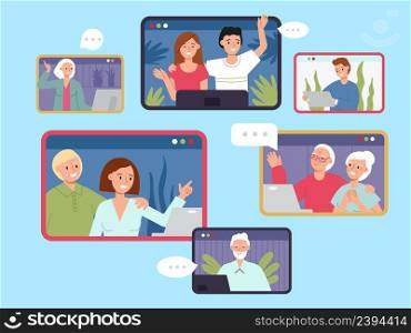Online family meeting. Virtual call to parents, children and grandparents. Computer communication, happy people talk in internet, decent vector concept. Online virtual communication illustration. Online family meeting. Virtual call to parents, children and grandparents. Computer communication, happy people talk in internet, decent vector concept