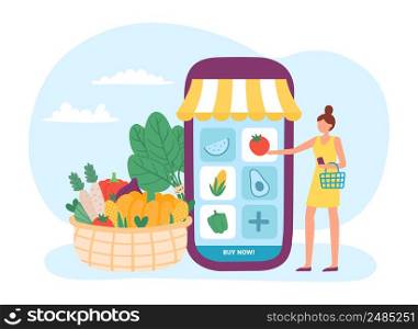 Online farm organic food, buying in application. Vector market mobile, product from supermarket illustration, food service store. Online farm organic food, buying in application
