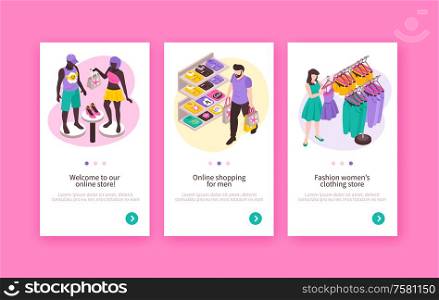Online fashion clothing store 3 vertical isometric web banners with window display mannequins shelves racks vector illustration
