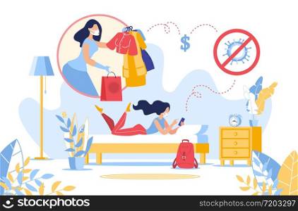 Online Fashion Shopping from Home in Covid19 Coronavirus Pandemic Quarantine. Young Woman Keeping Distance for Decrease Order Clothes Goods via Mobile App. Secure Purchase and Delivery Service. Online Fashion Shopping from Home in Quarantine