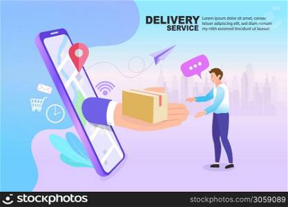 Online fast delivery services with map navigation on phone concept. landing page, template, ui, web, mobile app, Flat vector style.