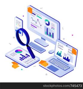 Online financial audit. Isometric website metrics, statistical graphs dashboards and web seo research. Business billing payment taxes, online accounting payments or invoice pay tax vector illustration. Online financial audit. Isometric website metrics, statistical graphs dashboards and web seo research vector illustration