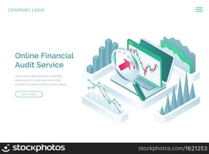 Online financial audit service banner. Digital service for accounting, budget analysis, balance valuation. Vector landing page of with isometric laptop, graphs, charts and magnifier. Online financial audit service banner