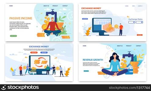 Online Financial Services Landing Page Flat Set. Exchange Currency Platform. Passive Income and Revenue Growth. Dividend Profit and Mutual Fund. People Earn and Change Money. Vector Illustration. Online Financial Services Landing Page Flat Set