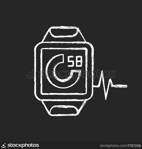 Online fitness activity tracker chalk white icon on dark background. Walk and run distance monitoring. Calorie consumption and heartbeat meter device. Isolated vector chalkboard illustration on black. Online fitness activity tracker chalk white icon on dark background.