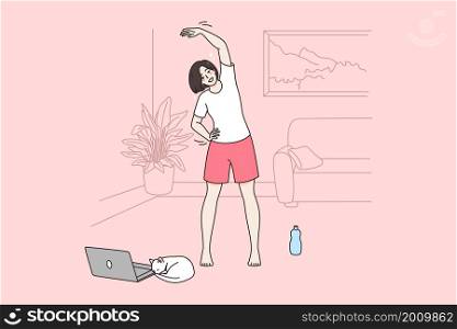 Online fitness and lifestyle concept. Smiling girl making workout sport fitness at home during online lesson with laptop vector illustration . Online fitness and lifestyle concept.