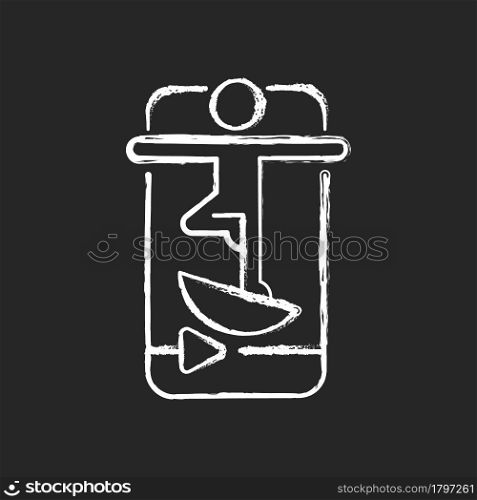 Online fitness balance training chalk white icon on dark background. Falls prevention and stability improvement exercises. Core and muscles strength. Isolated vector chalkboard illustration on black. Online fitness balance training chalk white icon on dark background.