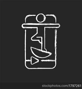 Online fitness balance training chalk white icon on dark background. Falls prevention and stability improvement exercises. Core and muscles strength. Isolated vector chalkboard illustration on black. Online fitness balance training chalk white icon on dark background.