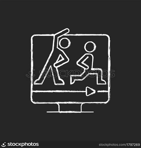 Online fitness classes chalk white icon on dark background. Home instructional video offer. Wide efficient courses range. Household fitness activities. Isolated vector chalkboard illustration on black. Online fitness classes chalk white icon on dark background.