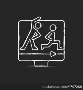 Online fitness classes chalk white icon on dark background. Home instructional video offer. Wide efficient courses range. Household fitness activities. Isolated vector chalkboard illustration on black. Online fitness classes chalk white icon on dark background.