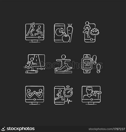 Online fitness classes chalk white icons set on dark background. Partner yoga tutorials. Virtual coaching. Gymnastic workouts. Nutrition tracker. Isolated vector chalkboard illustrations on black. Online fitness classes chalk white icons set on dark background.