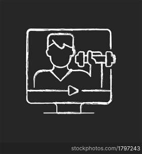 Online fitness coach chalk white icon on dark background. Professional support through internet connection. Convenient way time and money save. Isolated vector chalkboard illustration on black. Online fitness coach chalk white icon on dark background.