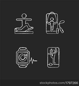 Online fitness gymnastic trends chalk white icons set on dark background. Pilates, stretching and jumping workout. Fitness tracker wrist-worn device. Isolated vector chalkboard illustrations on black. Online fitness gymnastic trends chalk white icons set on dark background.