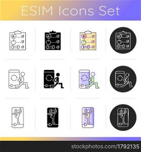 Online fitness gymnastic trends icons set. Individual welness program. Stretching and circuit training. Self-improvment. Linear, black and RGB color styles. Isolated vector illustrations. Online fitness gymnastic trends icons set.
