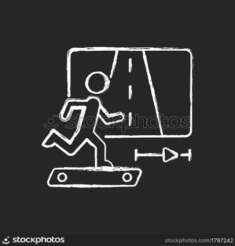 Online fitness jogging chalk white icon on dark background. Running and travelling in virtual reality. Race experiment. Treadmill activities. Isolated vector chalkboard illustration on black. Online fitness jogging chalk white icon on dark background.