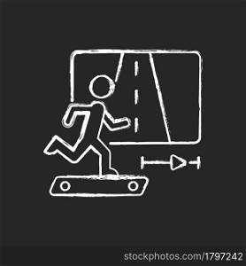Online fitness jogging chalk white icon on dark background. Running and travelling in virtual reality. Race experiment. Treadmill activities. Isolated vector chalkboard illustration on black. Online fitness jogging chalk white icon on dark background.