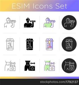 Online fitness marathons and challenges icons set. Virtual reality and balance training. Home skill improvement program. Linear, black and RGB color styles. Isolated vector illustrations. Online fitness marathons and challenges icons set.