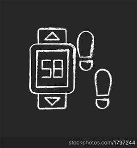 Online fitness pedometer device chalk white icon on dark background. Walking style. Personal step and motion. Health software step counts display. Isolated vector chalkboard illustration on black. Online fitness pedometer device chalk white icon on dark background.