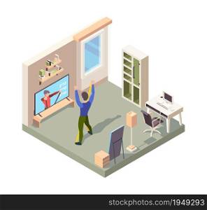 Online fitness. People standing alone at home room in active pose making sport exercise workout training vector isometric. Illustration fitness workout exercise, sport active online, activity training. Online fitness. People standing alone at home room in active pose making sport exercise workout training vector isometric