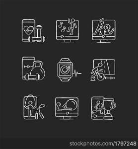 Online fitness training apps chalk white icons set on dark background. Workout subscription. Aerobic classes. Virtual dancing and jumping. Isolated vector chalkboard illustrations on black. Online fitness training apps chalk white icons set on dark background.