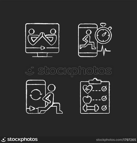 Online fitness wellness programs chalk white icons set on dark background. High intensity and intervals workout. Partner yoga. Circuit training. Isolated vector chalkboard illustrations on black. Online fitness wellness programs chalk white icons set on dark background.
