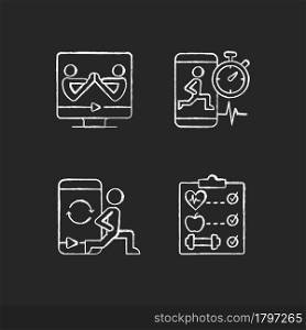 Online fitness wellness programs chalk white icons set on dark background. High intensity and intervals workout. Partner yoga. Circuit training. Isolated vector chalkboard illustrations on black. Online fitness wellness programs chalk white icons set on dark background.
