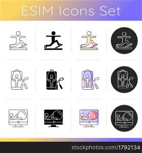 Online fitness wellness programs icons set. Pilates and rope jumping gym classes. Weightlifting activities. Core ball excercises. Linear, black and RGB color styles. Isolated vector illustrations. Online fitness wellness programs icons set.