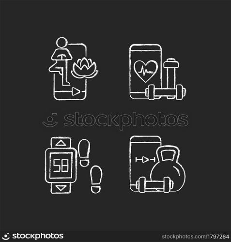Online fitness yoga classes chalk white icons set on dark background. Health and wellness apps. Distance travel step tracker. Fit regulation. Isolated vector chalkboard illustrations on black. Online fitness yoga classes chalk white icons set on dark background.