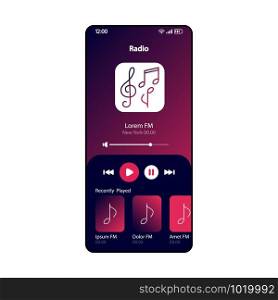 Online FM radio smartphone interface vector template. Mobile music player app page burgundy design layout. Podcast playlist, songs albums listening screen. Flat UI for application. Phone display