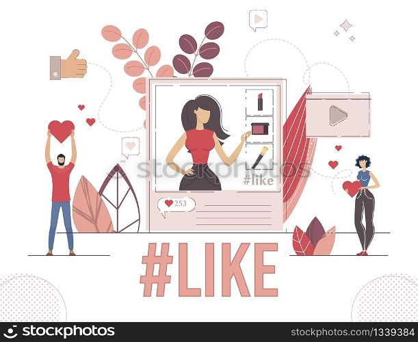 Online Followers Attracting, Beauty Blogger Audience Feedback, Successful Marketing Campaign in Social Media Concept. Man and Woman Liking Blogger Post, Sharing Content Trendy Flat Vector Illustration