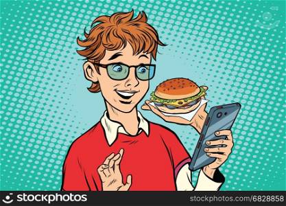 Online food delivery, a teenager uses a smartphone app. Pop art retro vector illustration. Online food delivery, a teenager uses a smartphone app