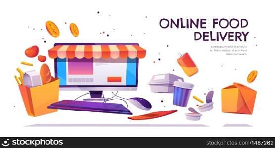 Online food delivery banner. Service for grocery order via internet and digital application. Computer desktop with shop canopy, fastfood meals and shopping bag with goods, Cartoon vector illustration. Online food delivery, grocery order service banner