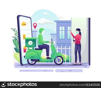 Online Food Delivery concept with delivery man and scooter deliver food order to a woman flat vector illustration
