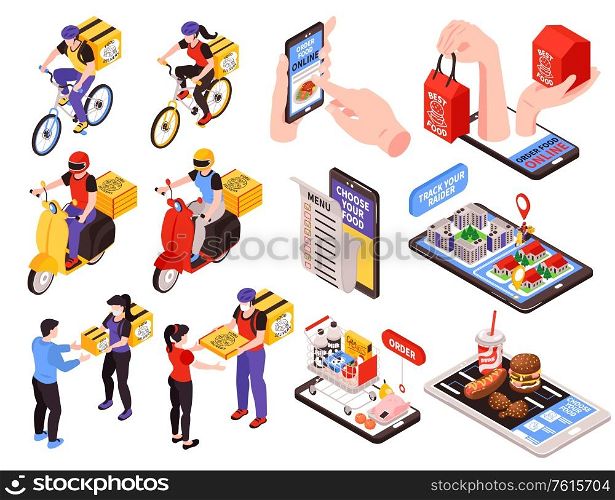 Online food delivery service isometric set with smartphone menu scooter bike couriers handing over orders smartphone illustration