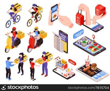 Online food delivery service isometric set with smartphone menu scooter bike couriers handing over orders smartphone illustration
