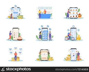 Online food ordering and delivery flat concept vector illustrations set. Fast food, sweet pastry and healthy nutrition order services metaphors. Customers and nutritionists 2D cartoon characters