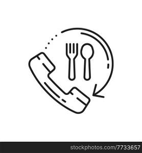 Online food ordering and fastfood delivery thin line icon isolated. Vector shipping services order by phone, telephone receiver and fork and spoon, web app symbol. Quick speed deliver outline. Food delivery icon. Fast online order and shipping