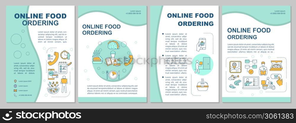 Online food ordering brochure template. Delivery service at home. Flyer, booklet, leaflet print, cover design with linear icons. Vector layouts for magazines, annual reports, advertising posters. Online food ordering brochure template