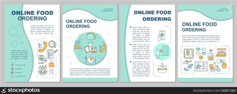 Online food ordering brochure template. Delivery service at home. Flyer, booklet, leaflet print, cover design with linear icons. Vector layouts for magazines, annual reports, advertising posters. Online food ordering brochure template