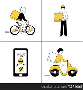 Online food ordering. Fast food delivery by courier. A male cyclist/motorcyclist carries the ordered food. Vector hand-drawn illustration.