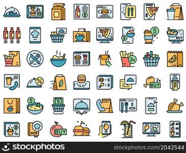 Online food ordering icons set outline vector. Delivery drink. Tasty away food. Online food ordering icons set vector flat