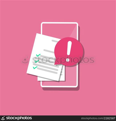 Online form with document checklist and error warning. Checkboxes on smartphone screen. Text file and notification, flat design.. Online form with document checklist and error warning. Checkboxes on smartphone screen. Text file and notification, flat design