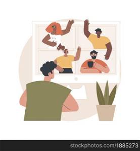Online friends meeting abstract concept vector illustration. Social connection, video call, zoom conference, social distancing, quarantine fun, laptop screen, leisure time abstract metaphor.. Online friends meeting abstract concept vector illustration.