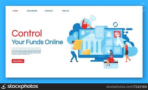 Online funds control landing page vector template. Banking service website interface idea with flat illustrations. Finance management and transactions homepage layout. Web banner, webpage concept